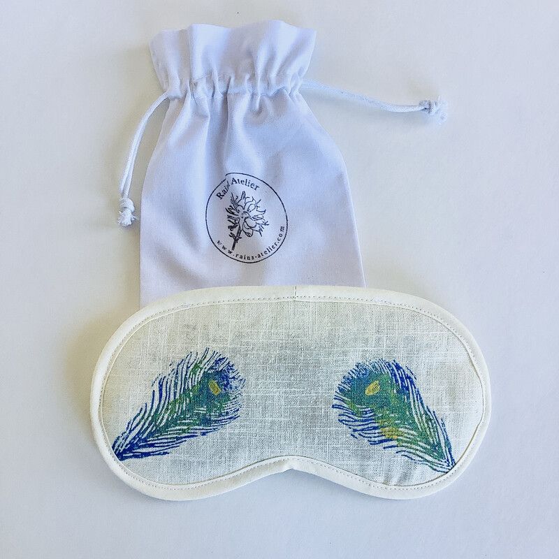 Linen Lavender Infused Eye Mask - Cream with peacock feathers motif