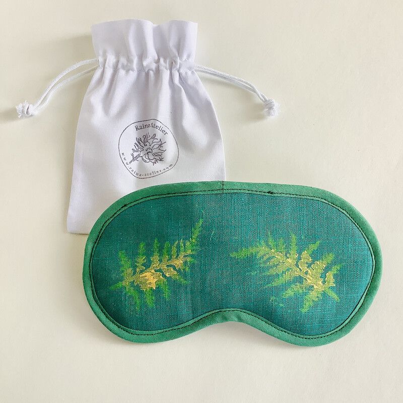 Green Linen Lavender Infused Eye Mask with emerald green fern motif
