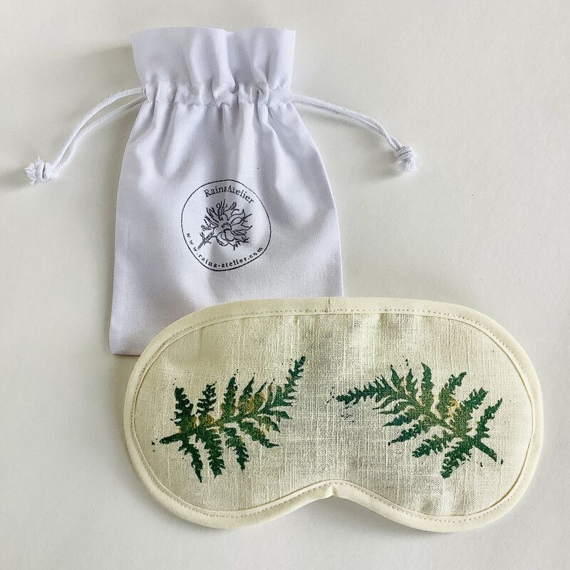 Cream Linen Lavender Infused Eye Mask with emerald green fern motif