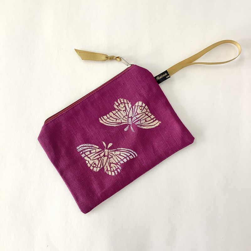 Magenta Butterfly linen zip-up pouch 