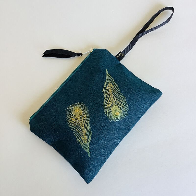 Linen Zip-Up Pouch - petrol blue with peacock feathers motif