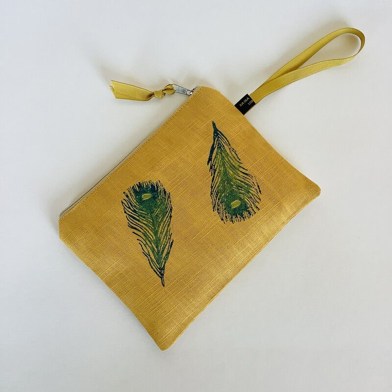 Linen Zip-Up Pouch - yellow with peacock feathers motif