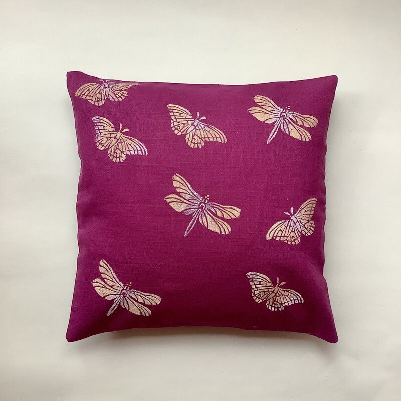 Magenta Butterflies and Dragonflies linen cushion cover 