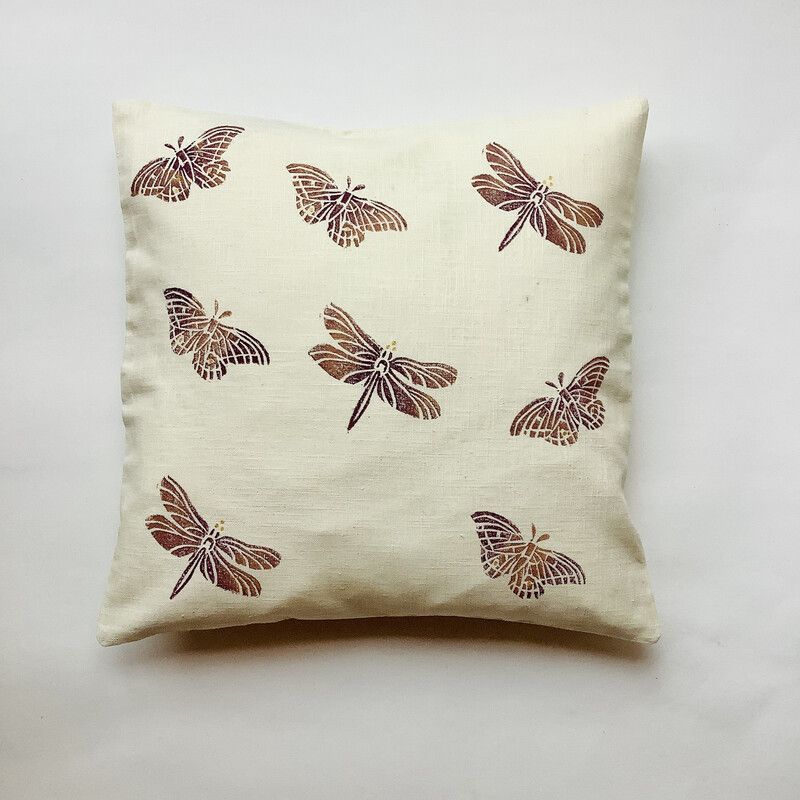 Cream Butterflies and Dragonflies linen cushion cover 