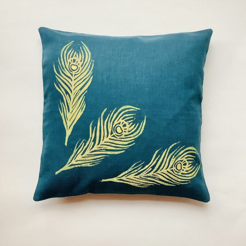 Teal Large Feather linen cushion cover