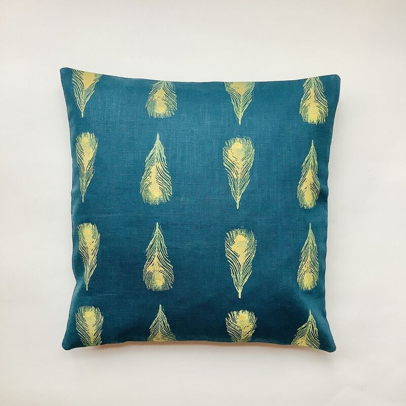 Teal Small Peacock Feathers linen cushion cover