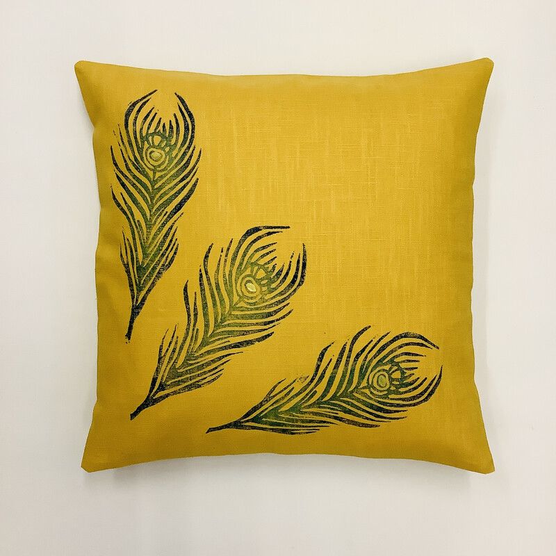 Ochre Yellow Large Feather linen cushion cover