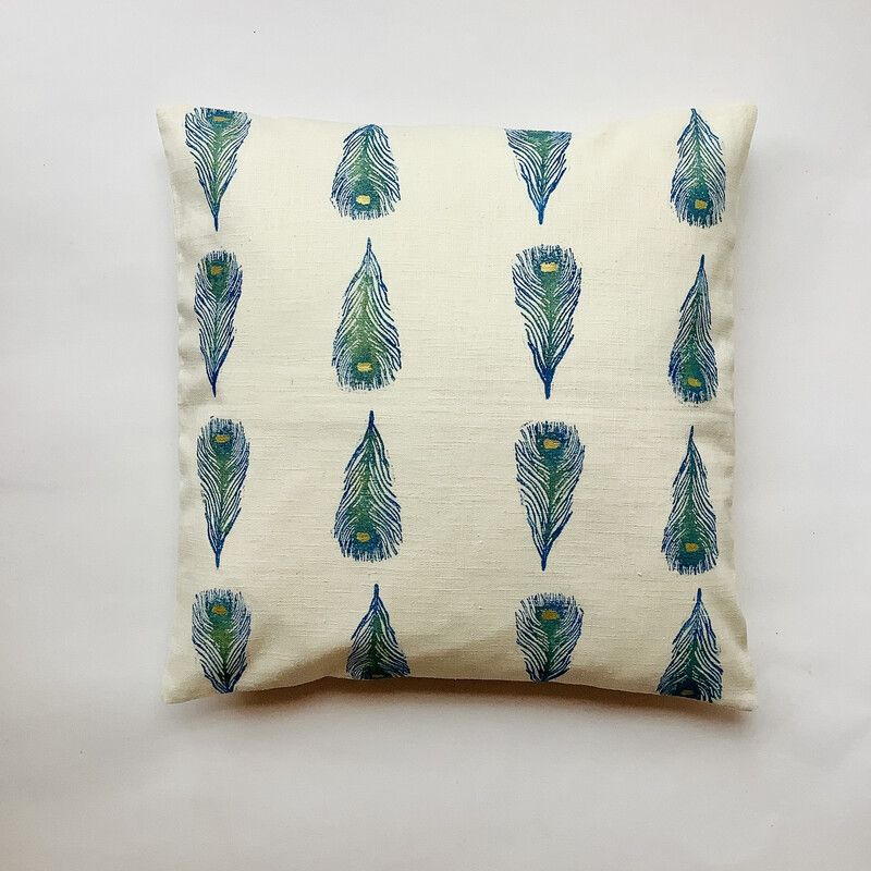 Cream Small Peacock Feathers linen cushion cover