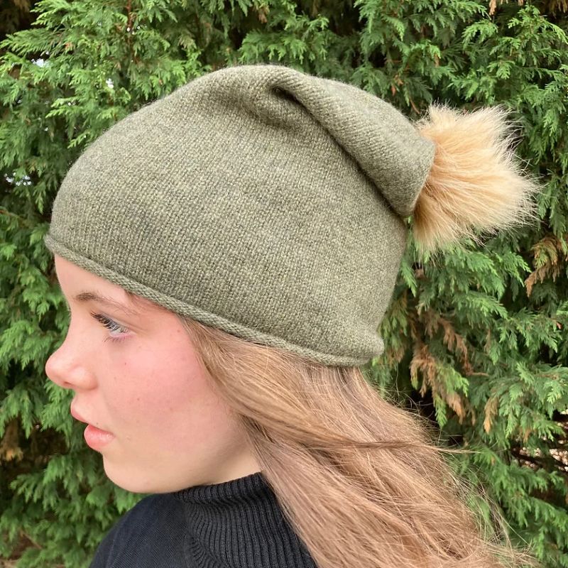 Slouchy Pompon Beanie - Olive Green
