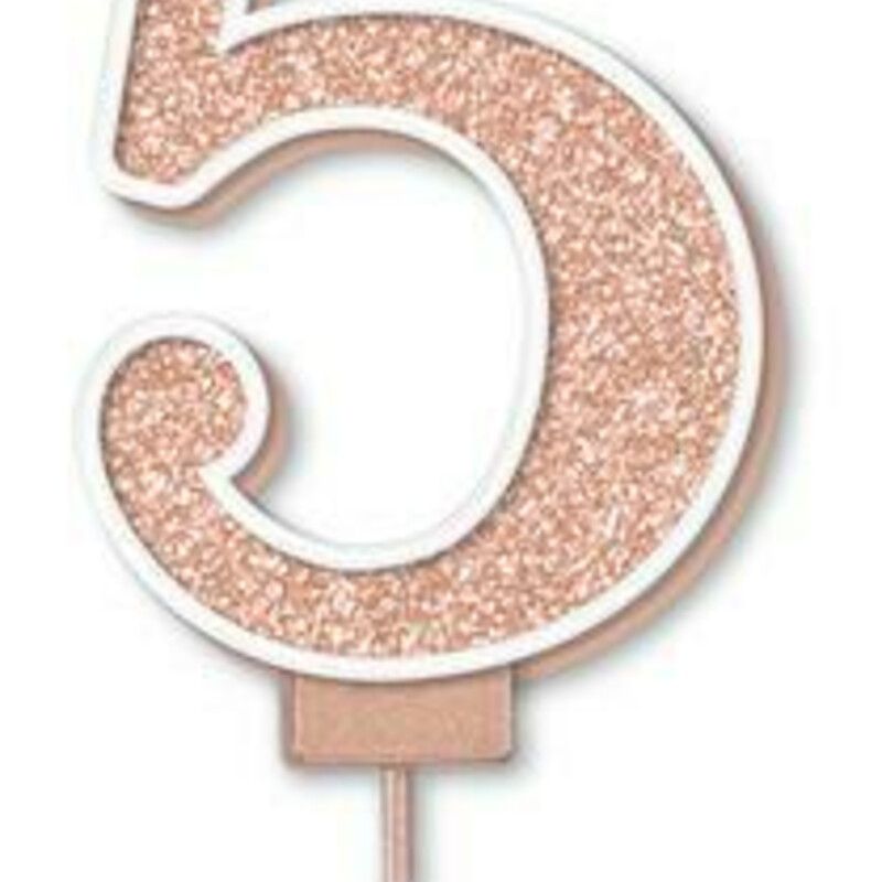 Sparkling Rose Gold Candle with pick Number 5 6 7 8 9